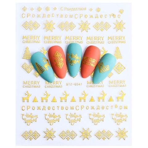 1pcs Red Gold Christmas Snowflake Sticker on Nails 3D Adhesive Manicure Tip Santa Elk Letter Slider Nail Decals LESTZG041-049