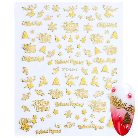 1pcs Red Gold Christmas Snowflake Sticker on Nails 3D Adhesive Manicure Tip Santa Elk Letter Slider Nail Decals LESTZG041-049