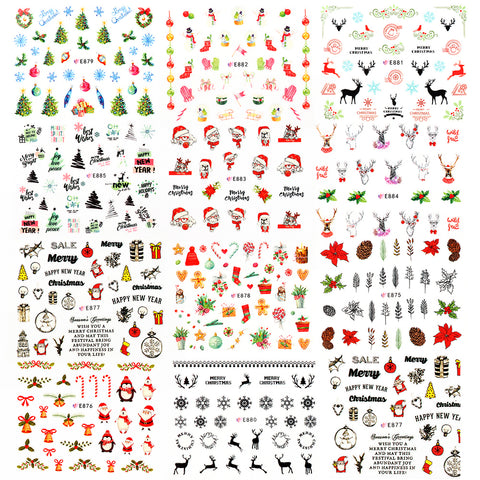 11Sheet 3D Santa/Claus/Elk/Snowman Design Nail Adhesive Stickers Christmas New Year Nail Decals Wraps Manicure Decoration Tools