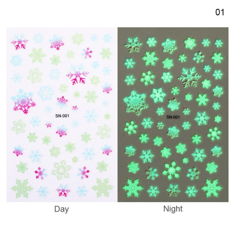 1 Sheet Christmas Snowflake 3D Nail Sticker Glow in Dark Flower Mixed Patterns Nail Transfer Decals Stickers Nail Art DIY Decor