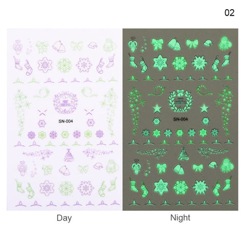 1 Sheet Christmas Snowflake 3D Nail Sticker Glow in Dark Flower Mixed Patterns Nail Transfer Decals Stickers Nail Art DIY Decor