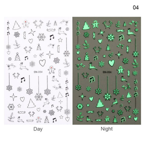 1 Sheet Christmas Snowflake 3D Nail Sticker Glow in Dark Flower Mixed Patterns Nail Transfer Decals Stickers Nail Art DIY Decor