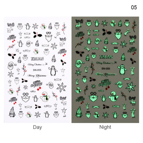 1 Sheet Christmas Snowflake 3D Nail Sticker Glow in Dark Flower Mixed Patterns Nail Transfer Decals Stickers Nail Art DIY Decor