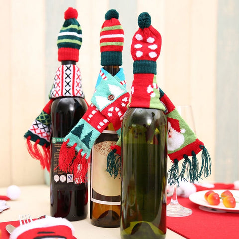 Knitted Tassel Scarf & Hat Cap Christmas Red Wine Bottle Cover Decoration Home Party Novelty Great Gifts