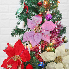 20cm Christmas Party Poinsettia Glitter Flower Gold Bow Clip On Xmas Tree Colorful Flowers Home Xmas Party Decor Accessories