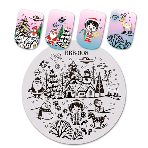 BEAUTYBIGBANG 1Pc Round Festival Nail Stamping Plate Christmas New Year Celebration Nail Art Image Template BBB-007