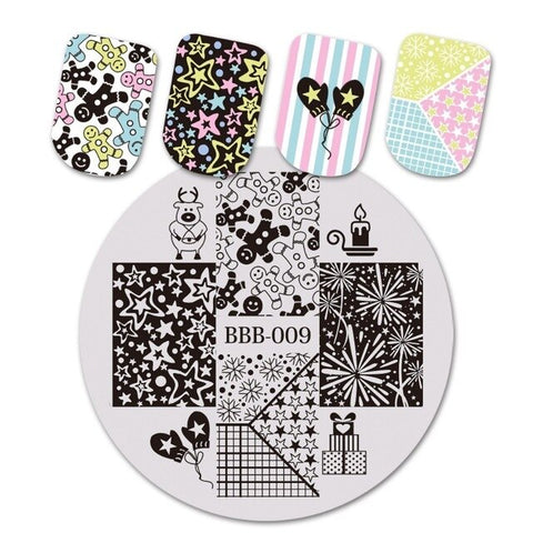 BEAUTYBIGBANG 1Pc Round Festival Nail Stamping Plate Christmas New Year Celebration Nail Art Image Template BBB-007