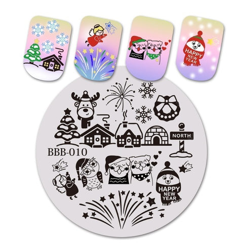 BEAUTYBIGBANG 1Pc Round Festival Nail Stamping Plate Christmas New Year Celebration Nail Art Image Template BBB-007