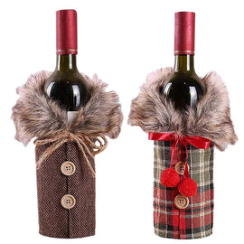 2Pcs Christmas Sweater Wine Bottle Cover, Newest Collar and Button Coat Design Wine Bottle Sweater Wine Bottle Dress Sets Xmas